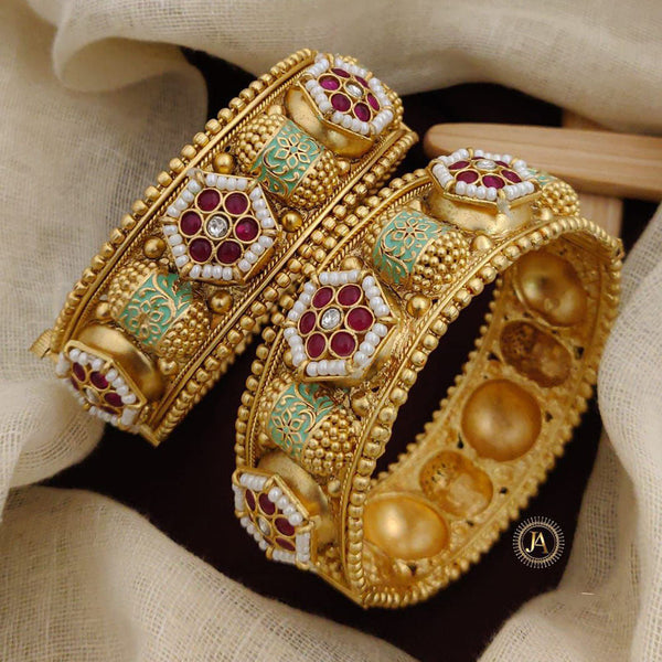 Neetu Art Gold Plated Pota Stone And Pearls Openable Bangles Set