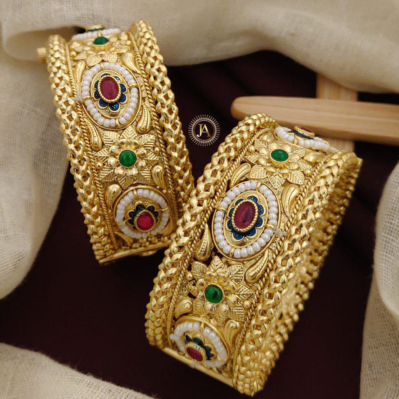 Neetu Art Gold Plated Pota Stone And Pearls Meenakari Openable Bangles Set