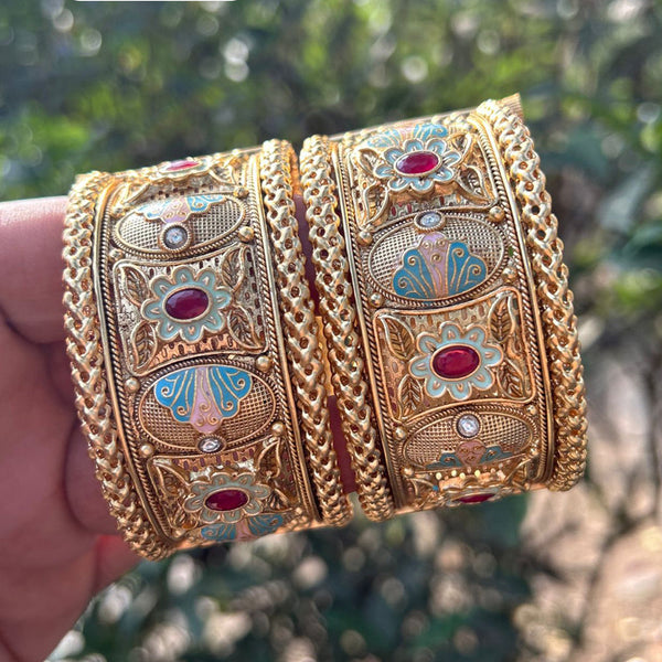 Neetu Art Gold Plated Pota Stone Meenakari Openable Bangles Set