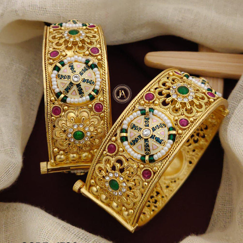 Neetu Art Gold Plated Pota Stone And Pearls Meenakari Openable Bangles Set