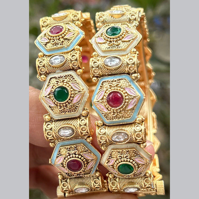 Neetu Art Gold Plated Pota Stone Meenakari Openable Bangles Set