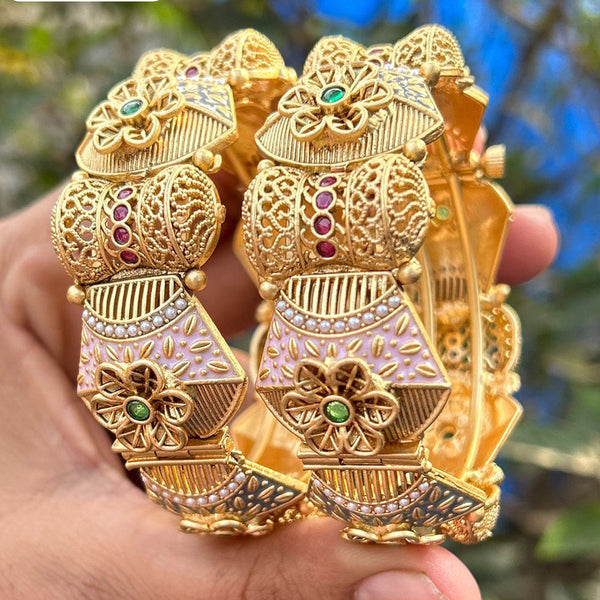 Neetu Art Gold Plated Pota Stone And Pearls Meenakari Openable Bangles Set