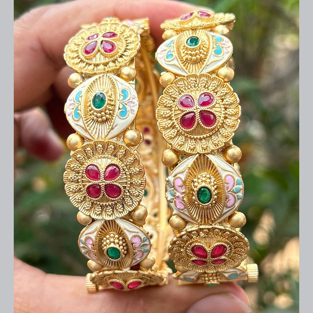 Neetu Art Gold Plated Pota Stone Meenakari Openable Bangles Set