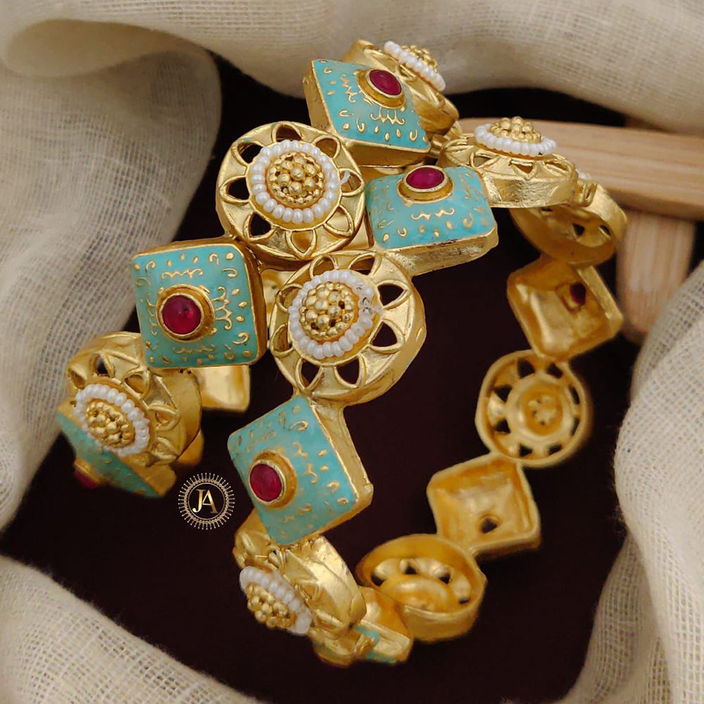 Neetu Art Gold Plated Pota Stone And Pearls Meenakari Openable Bangles Set