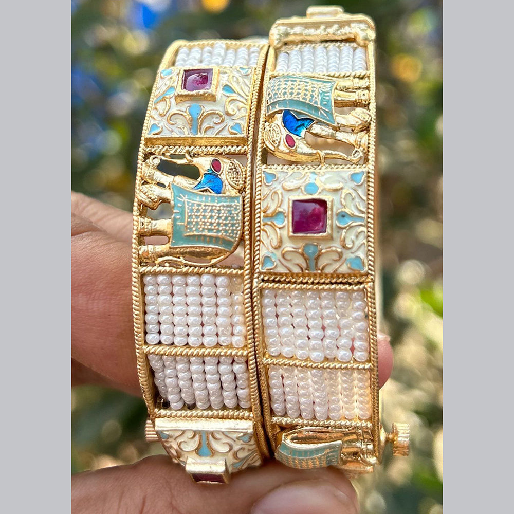 Neetu Art Gold Plated Pota Stone And Pearls Meenakari Openable Bangles Set