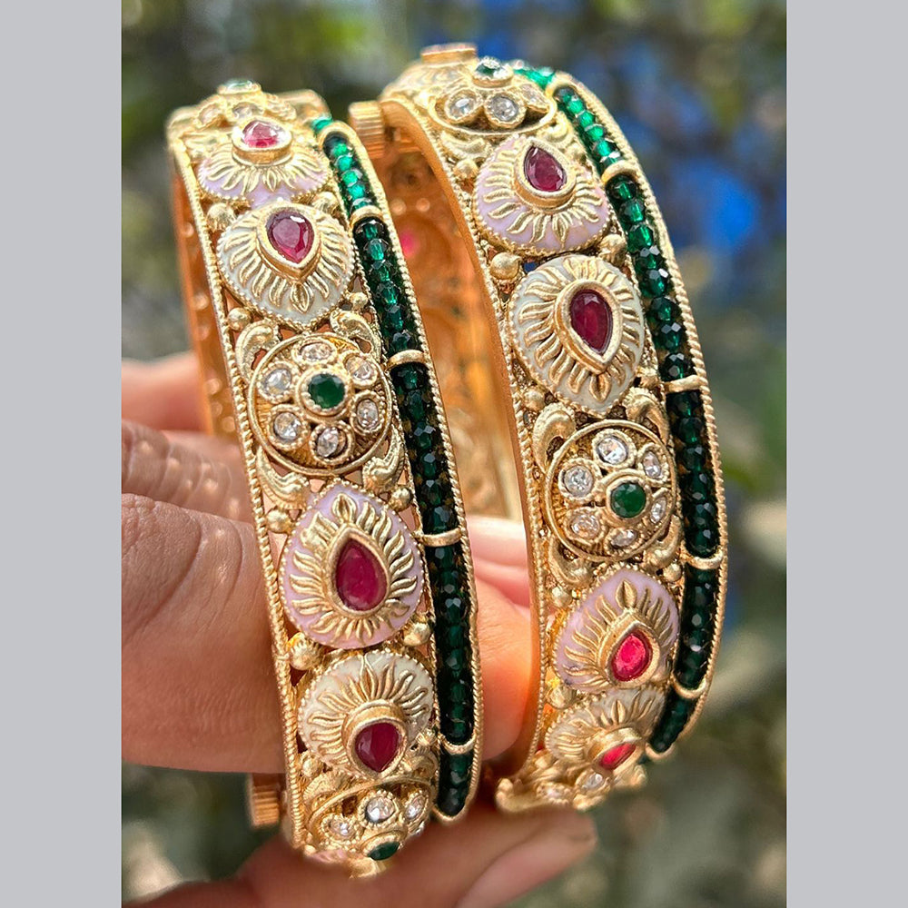 Neetu Art Gold Plated Pota Stone And Pearls Meenakari Openable Bangles Set