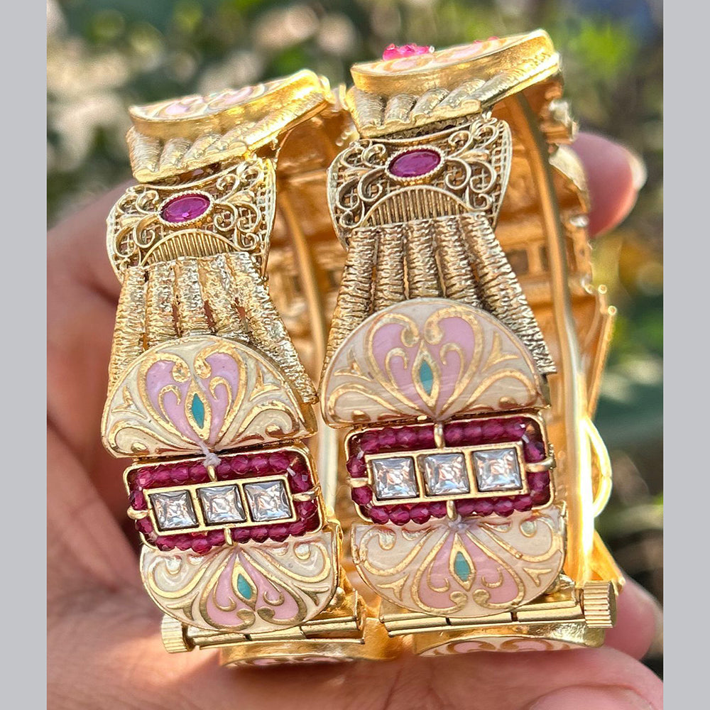 Neetu Art Gold Plated Pota Stone And Pearls Meenakari Openable Bangles Set