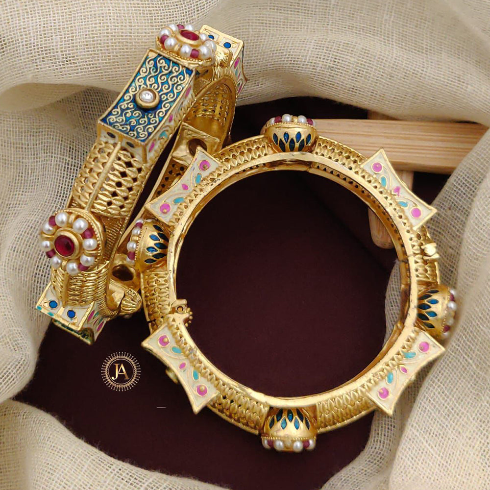 Neetu Art Gold Plated Pota Stone And Pearls Meenakari Openable Bangles Set
