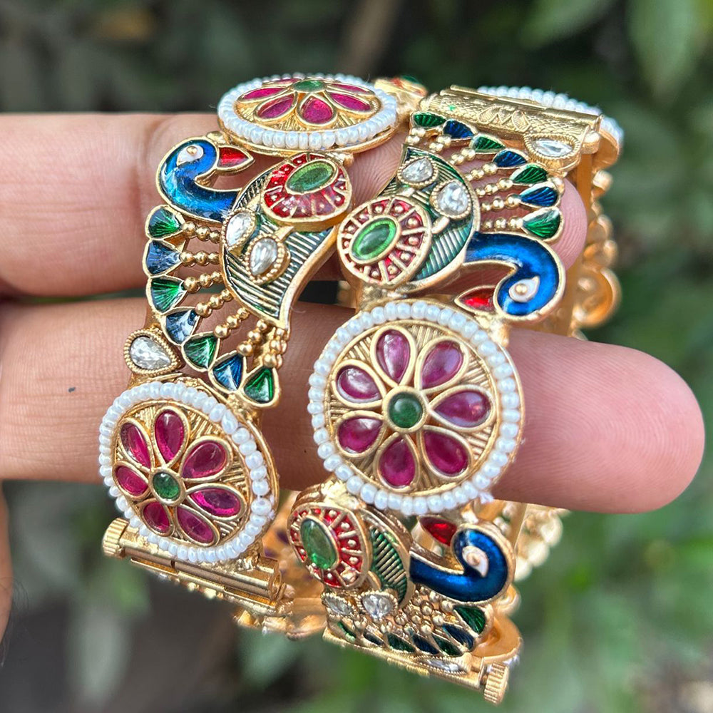 Neetu Art Gold Plated Pota Stone And Pearls Meenakari Openable Bangles Set