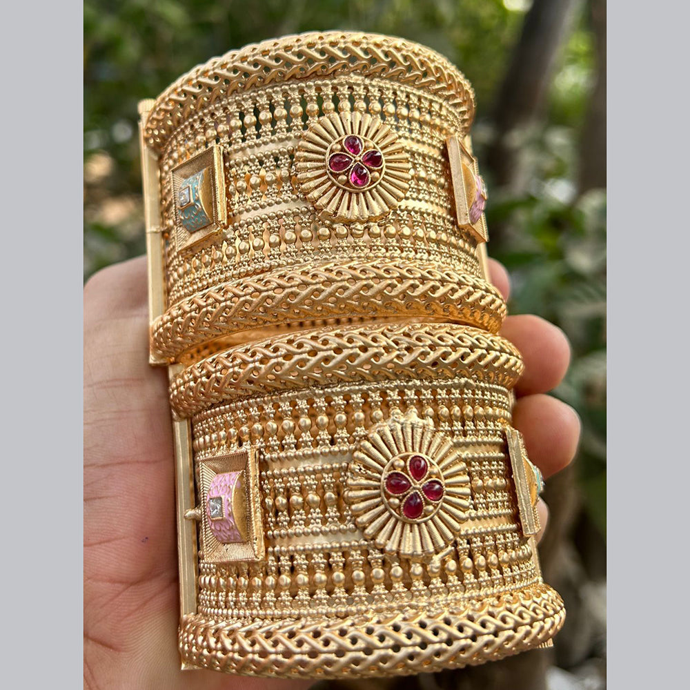 Neetu Art Gold Plated Pota Stone Meenakari Openable Bangles Set