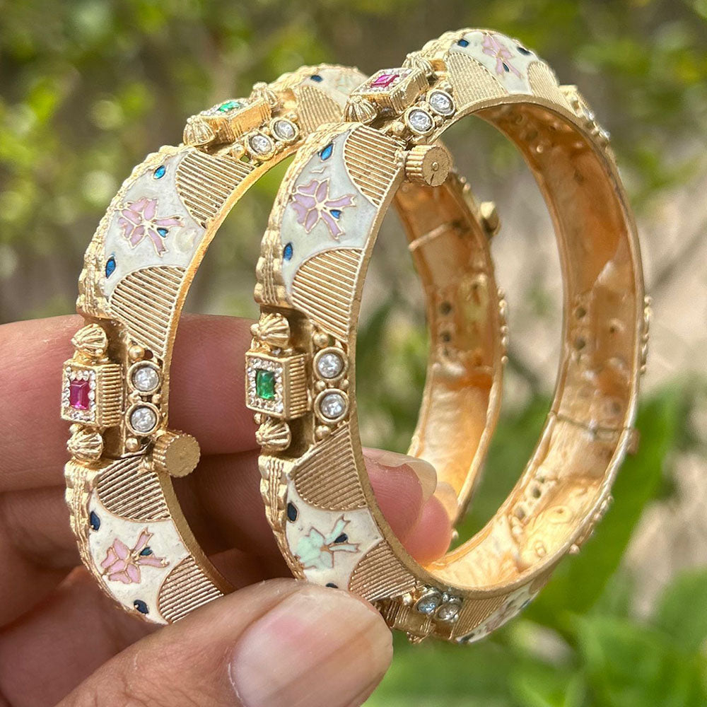 Neetu Art Gold Plated Pota Stone Meenakari Openable Bangles Set