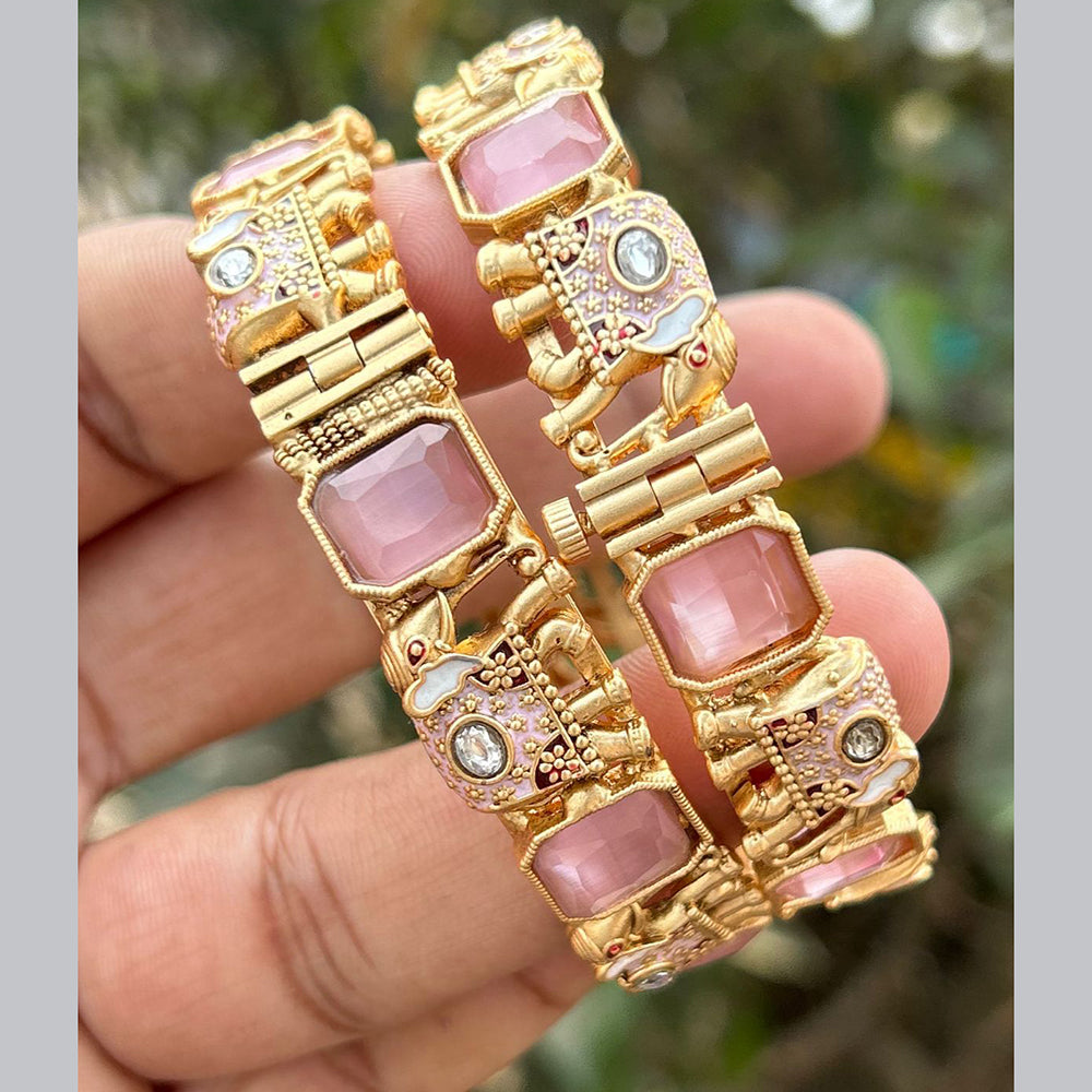 Neetu Art Gold Plated Pota Stone Elephant Shape Meenakari Openable Bangles Set