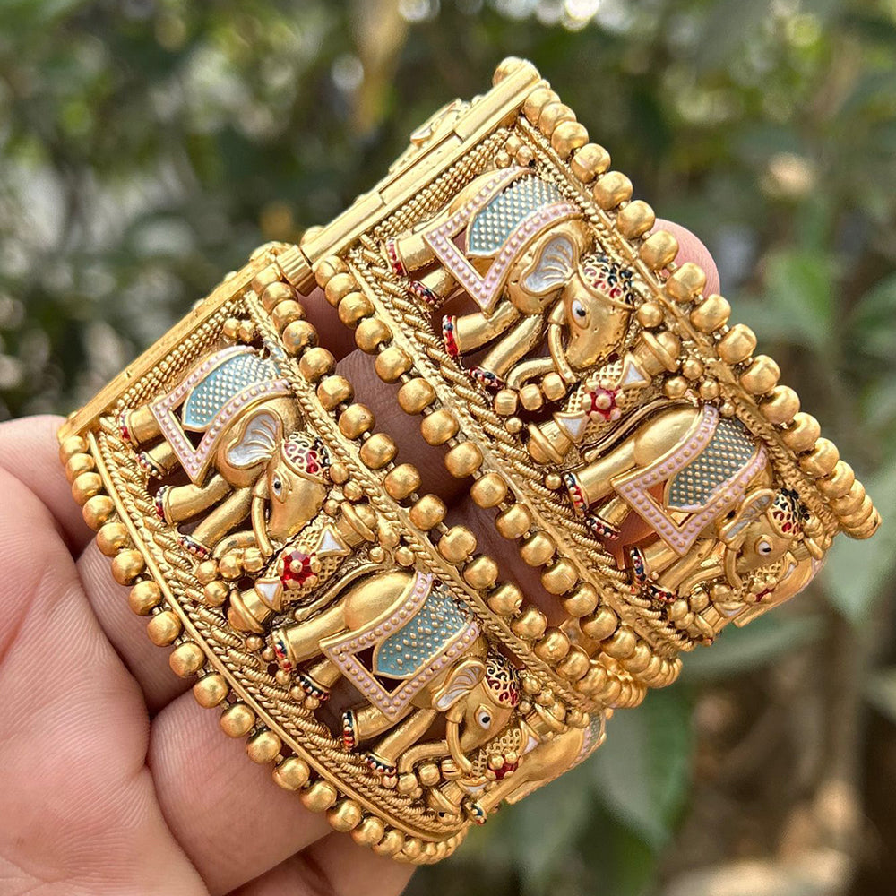 Neetu Art Gold Plated Pota Stone Elephant Shape Meenakari Openable Bangles Set