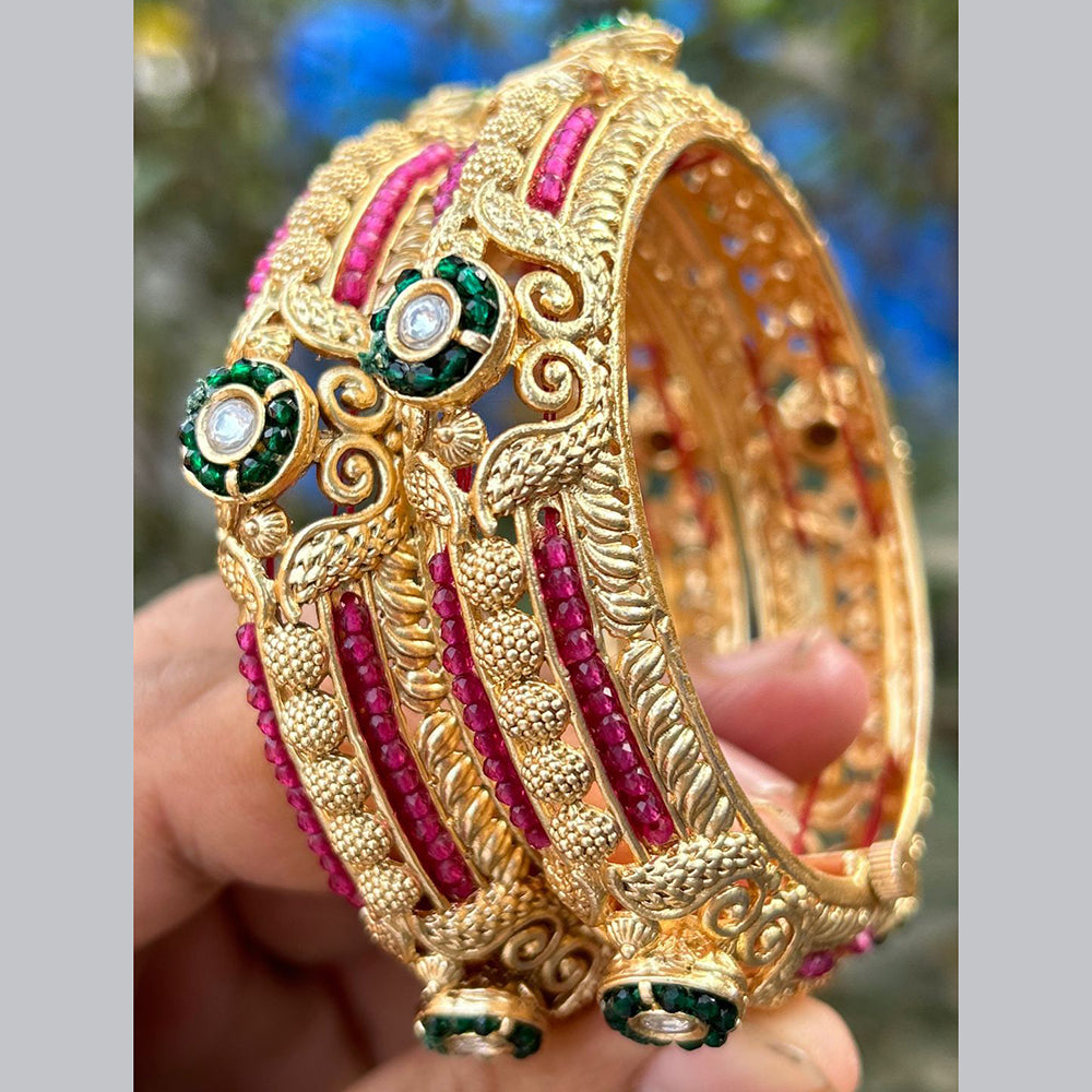 Neetu Art Gold Plated Pota Stone And Pearls Openable Bangles Set