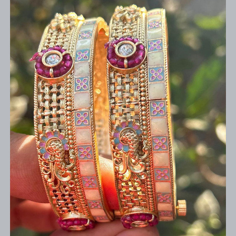 Neetu Art Gold Plated Pota Stone Meenakari  Openable Bangle Set