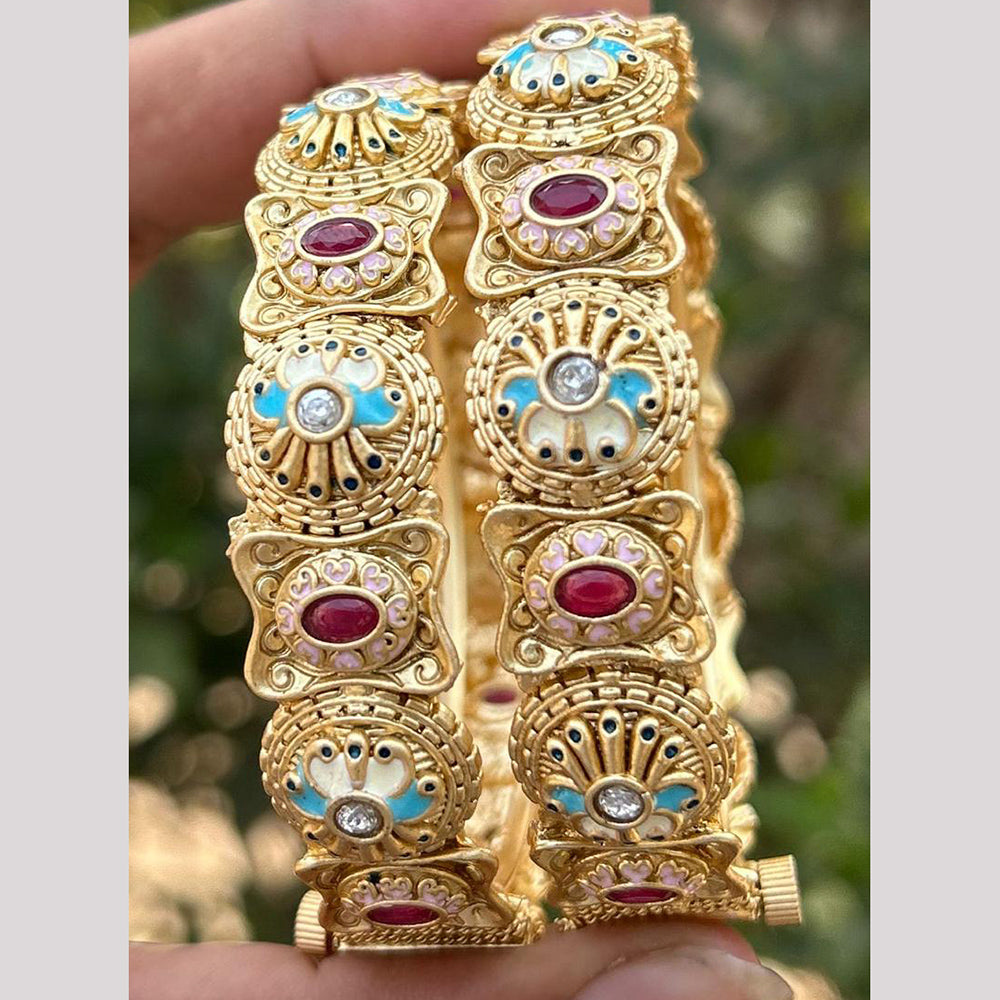 Neetu Art Gold Plated Pota Stone Meenakari  Openable Bangle Set