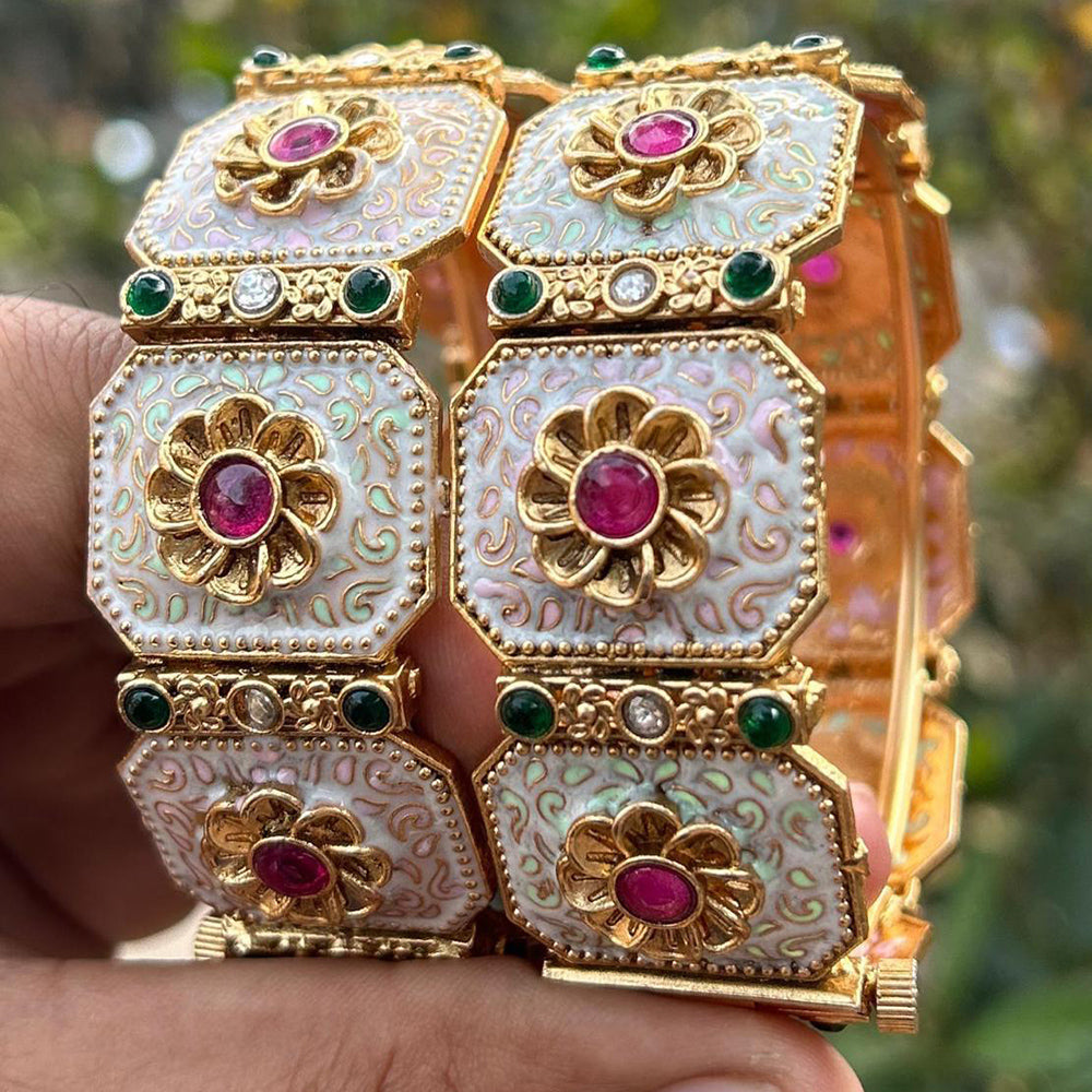 Neetu Art Gold Plated Pota Stone Meenakari  Openable Bangle Set