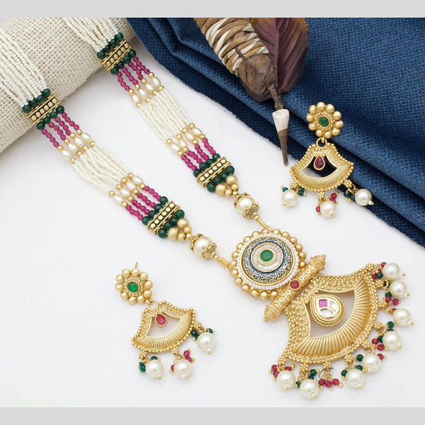 Manisha Jewellery Gold Plated Pota Stone And Pearl Long Necklace Set