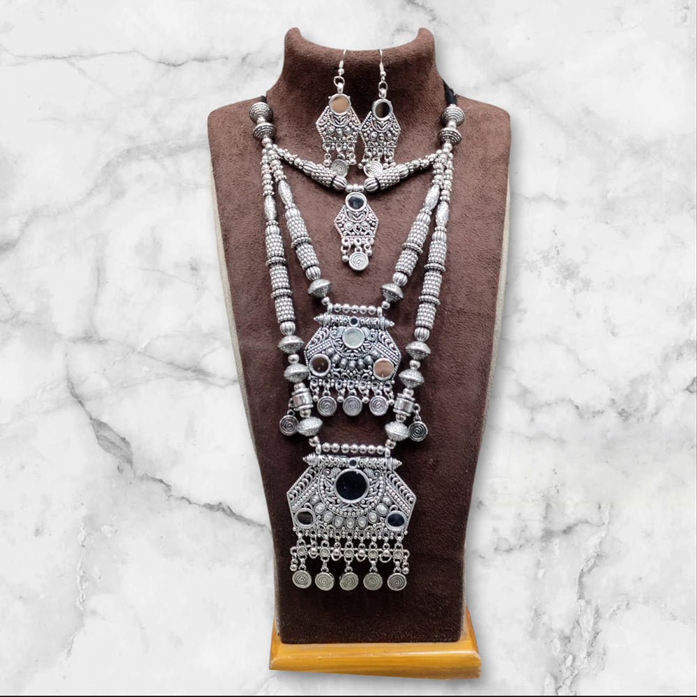 Manisha Jewellery Oxidised Plated Mirror Double Necklace Set