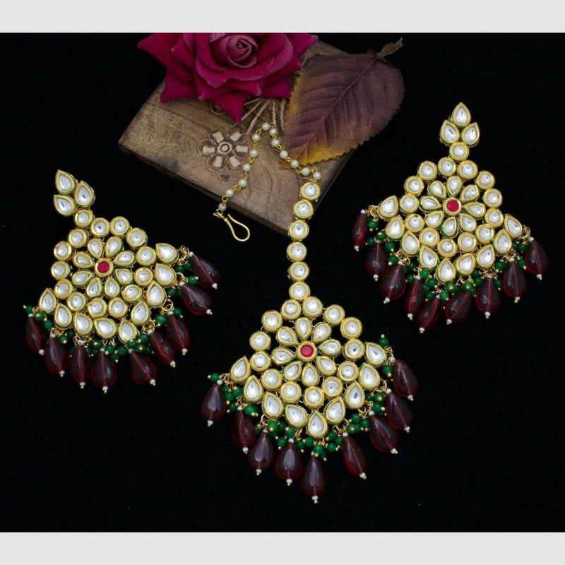 Manisha Jewellery Gold Plated Kundan Stones And Beads Earrings With Maangtikka