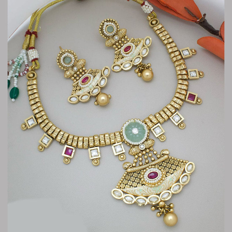 Manisha Jewellery Gold Plated Pota Stone And Pearls Meenakari Necklace Set