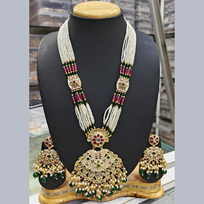 Manisha Jewellery Gold Plated Pota Stone And Pearls Meenakari Long Necklace Set