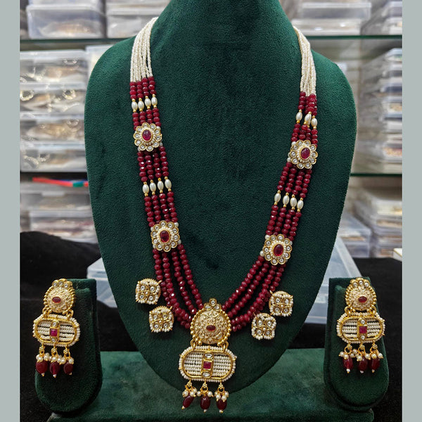 Manisha Jewellery Gold Plated Pota Stone And Pearls Meenakari Long Necklace Set