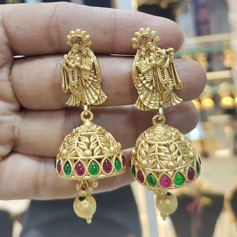 Manisha Jewellery Gold  Plated Pota Stone And Pearls Temple Jhumki Earrings