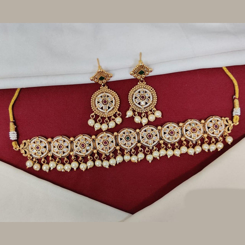 Manisha Jewellery Gold Plated Pota Stone And Pearls Choker Necklace Set