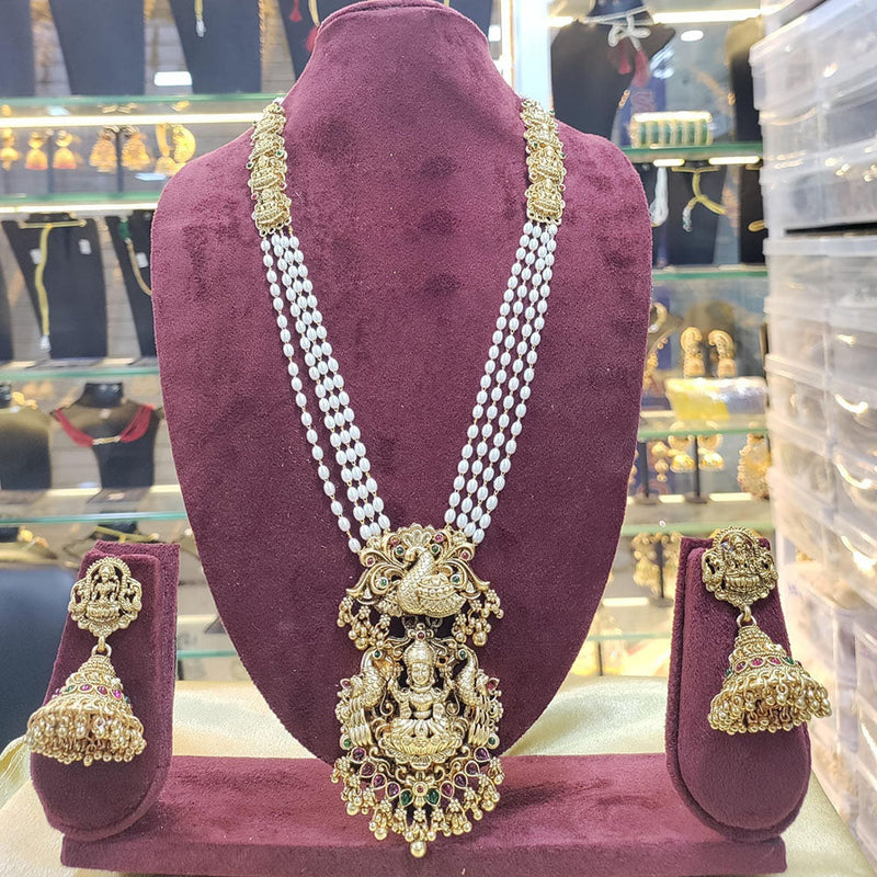 Manisha Jewellery Gold Plated Pota Stone And Pearl Temple Long Necklace Set