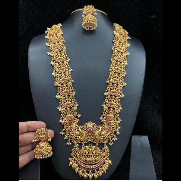 Manisha Jewellery Gold Plated Pota Stone And Pearls Temple Long Necklace Set