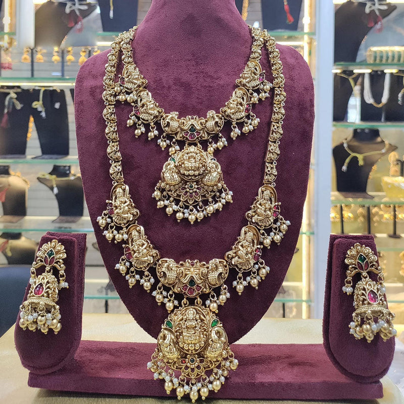 Manisha Jewellery Gold Plated Pota Stone And Pearls Temple Double Necklace Set