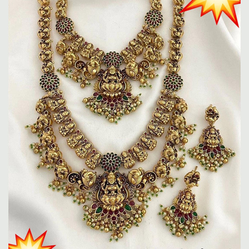 Manisha Jewellery Gold Plated Pota Stone And Pearls Temple Double Necklace Set