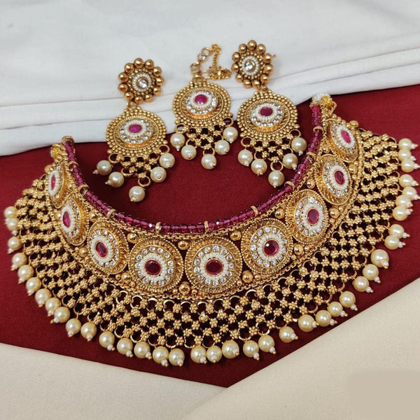 Manisha Jewellery Gold Plated Pota Stone And Pearls Choker Necklace Set