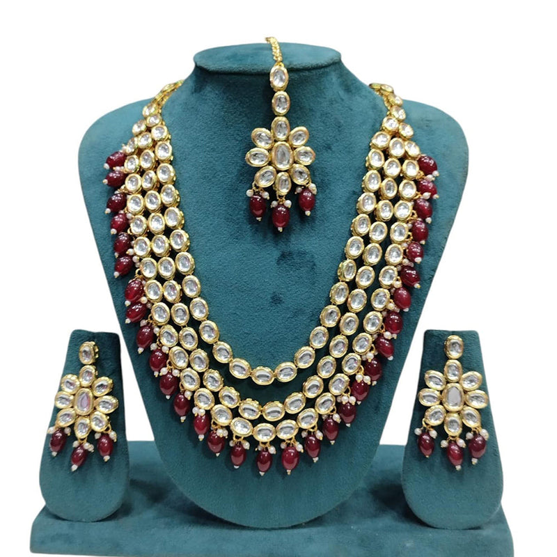 Manisha Jewellery Gold Plated Kundan Stone And Beads Multi Layer Long Necklace Set