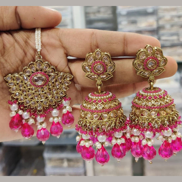 Manisha Jewellery Gold Plated Crystal Stone And Pearls Jhumki Earrings With Maangtika