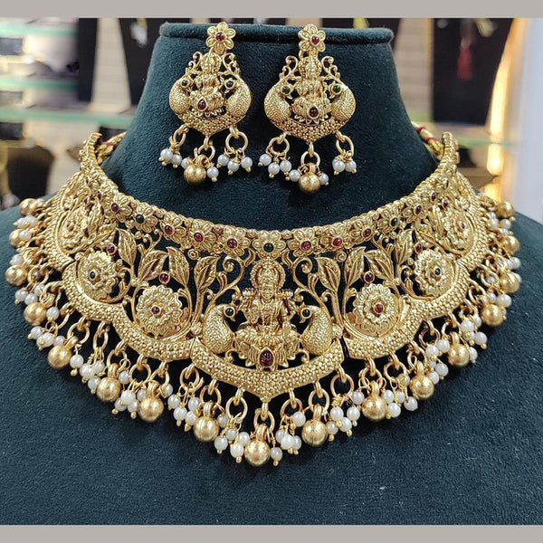 Manisha Jewellery Gold Plated Pota Stone And Pearls Temple Choker Necklace Set