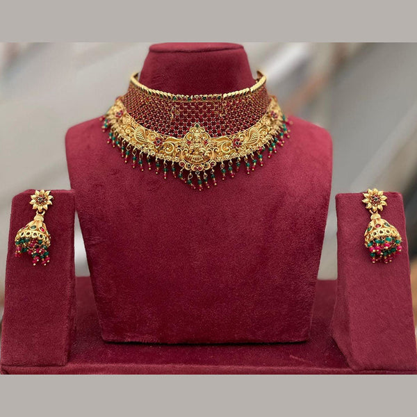 Manisha Jewellery Gold Plated Pota Stone And Pearls Temple Choker Necklace Set