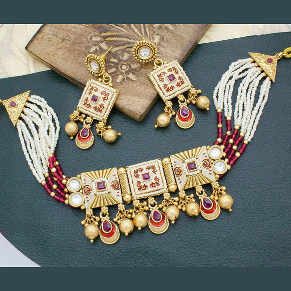 Manisha Jewellery Gold Plated Kundan Stone And Pearls Meenakari Choker Necklace Set