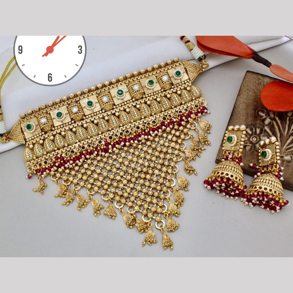 Manisha Jewellery Gold Plated Pota Stone And Pearls Choker Necklace Set