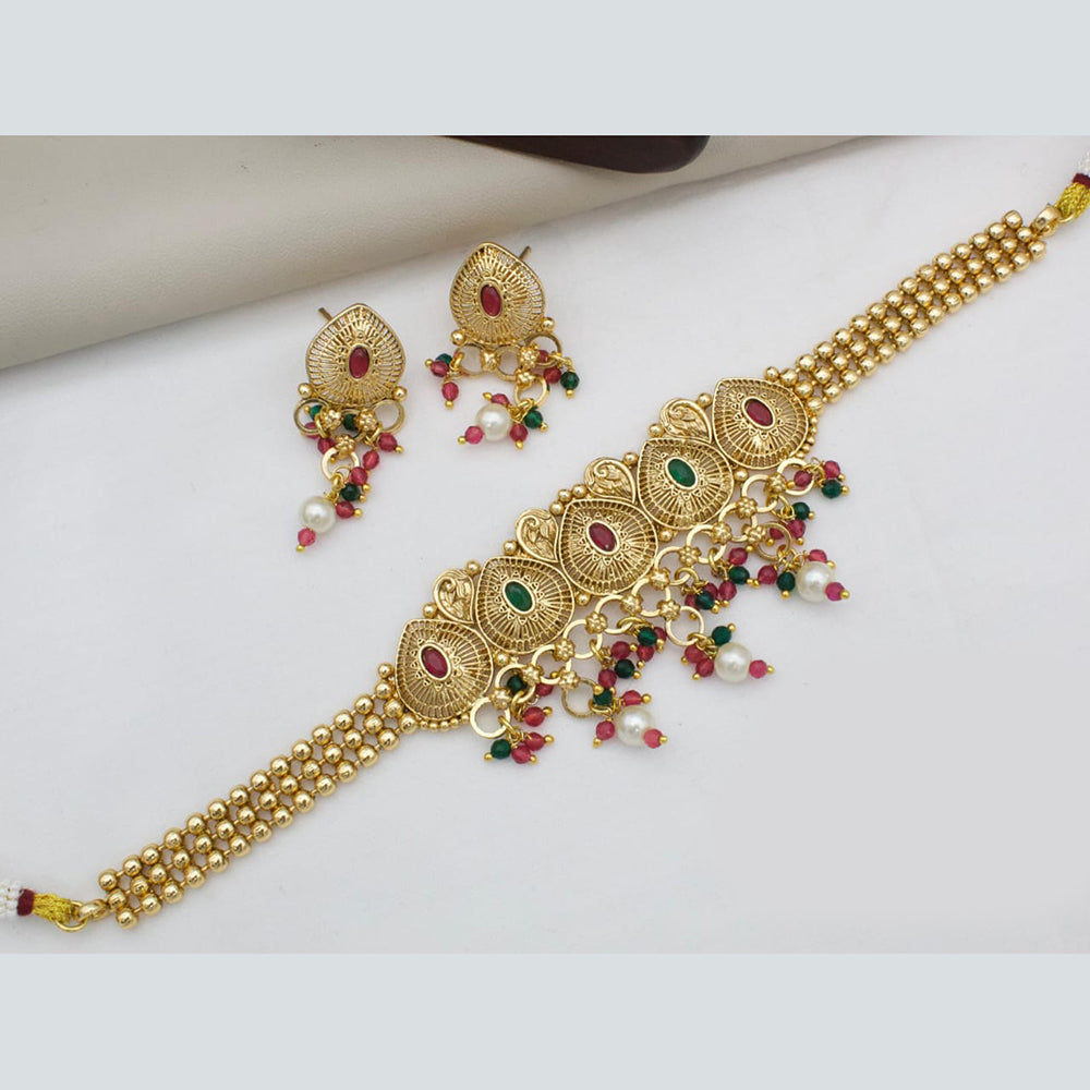 Manisha Jewellery Gold Plated Pota Stone And Pearls Choker Necklace Set