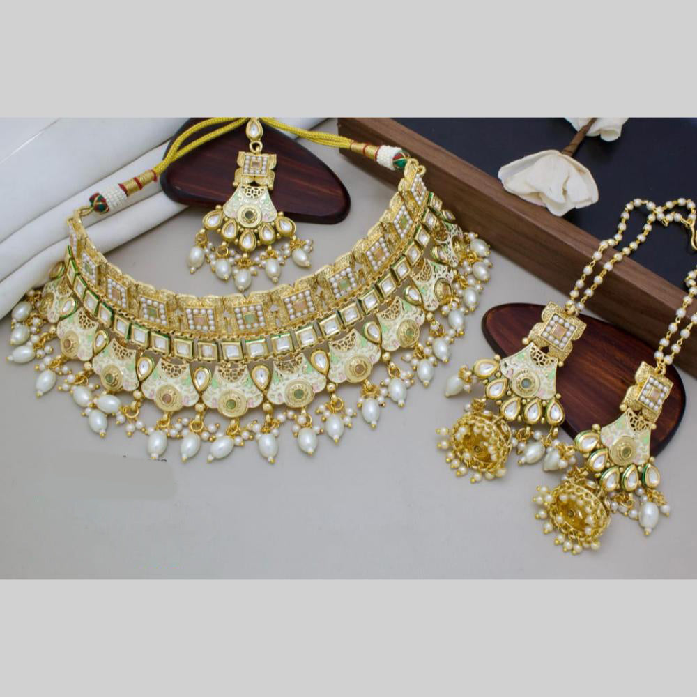 Manisha Jewellery Gold Plated Pota Stone And Meenakari Pearls Choker Necklace Set