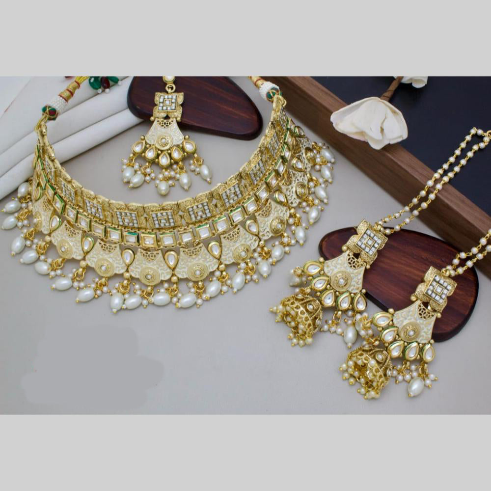 Manisha Jewellery Gold Plated Pota Stone And Meenakari Pearls Choker Necklace Set