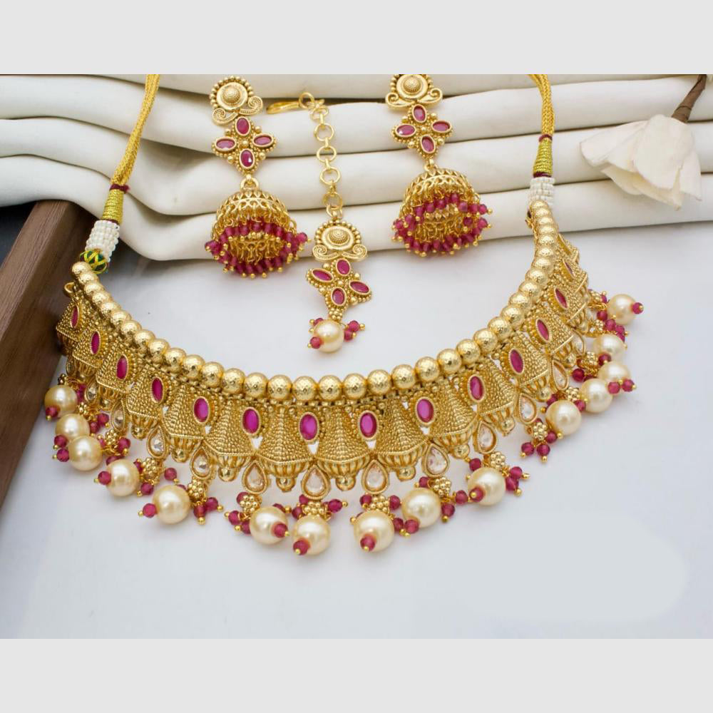 Manisha Jewellery Gold Plated Pota Stone And Pearls Choker Necklace Set