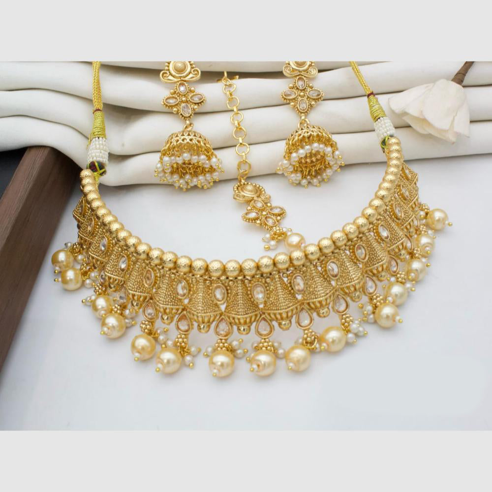 Manisha Jewellery Gold Plated Pota Stone And Pearls Choker Necklace Set