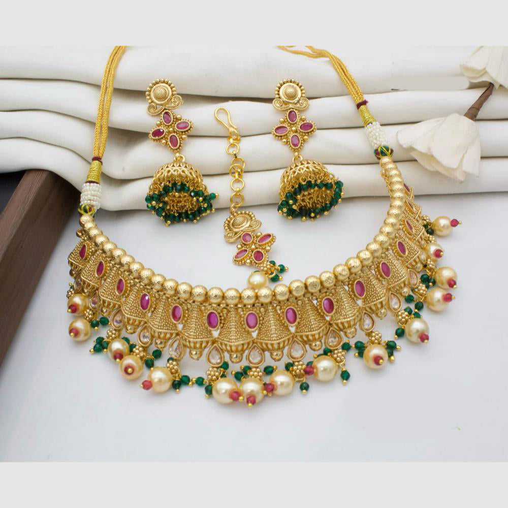 Manisha Jewellery Gold Plated Pota Stone And Pearls Choker Necklace Set