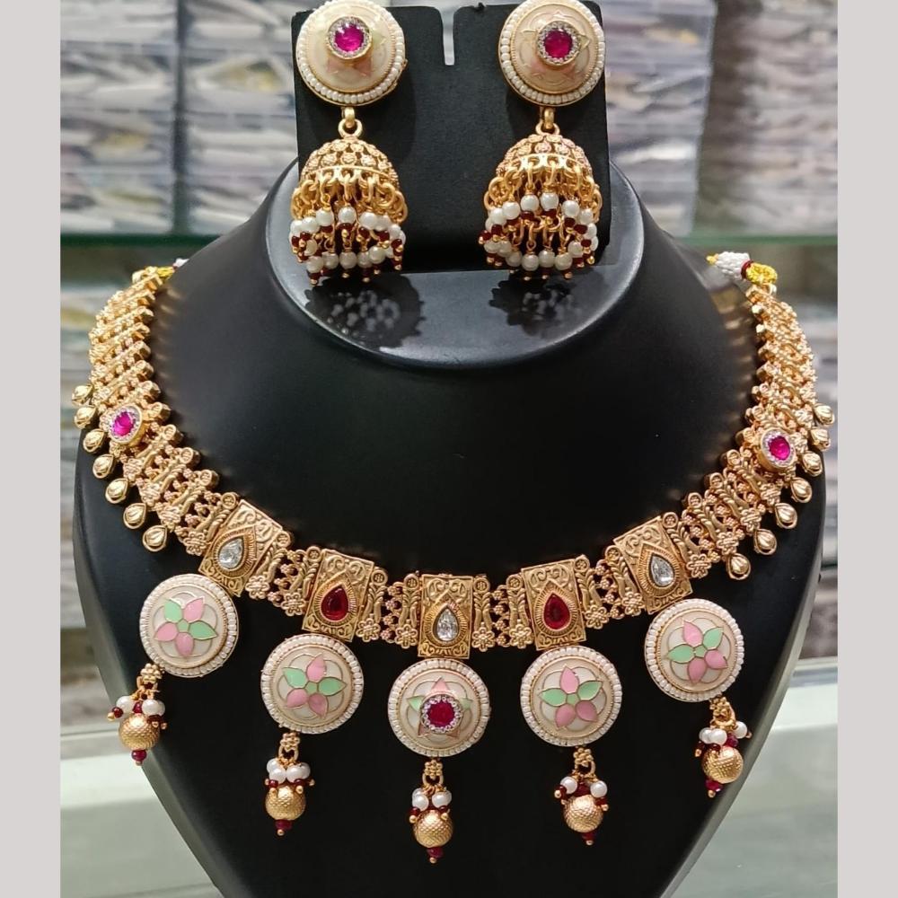 Manisha Jewellery Gold Plated Pota Stone And Pearls Meenakari Necklace Set