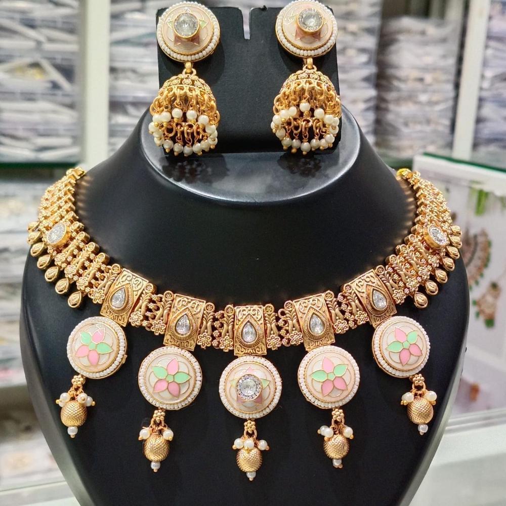 Manisha Jewellery Gold Plated Pota Stone And Pearls Meenakari Necklace Set