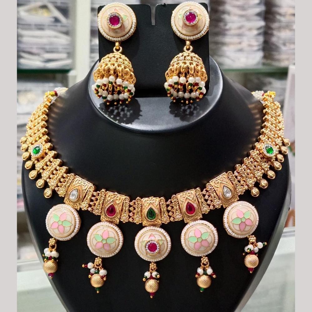 Manisha Jewellery Gold Plated Pota Stone And Pearls Meenakari Necklace Set