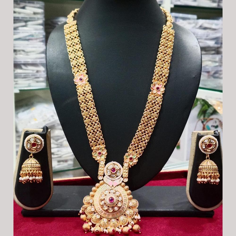 Manisha Jewellery Gold Plated Pota Stone And Pearls Meenakari Long Necklace Set